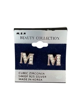 Vintage 90s Sterling Silver Initial M Cubic Zirconia Stud Earrings 14KGF Letter